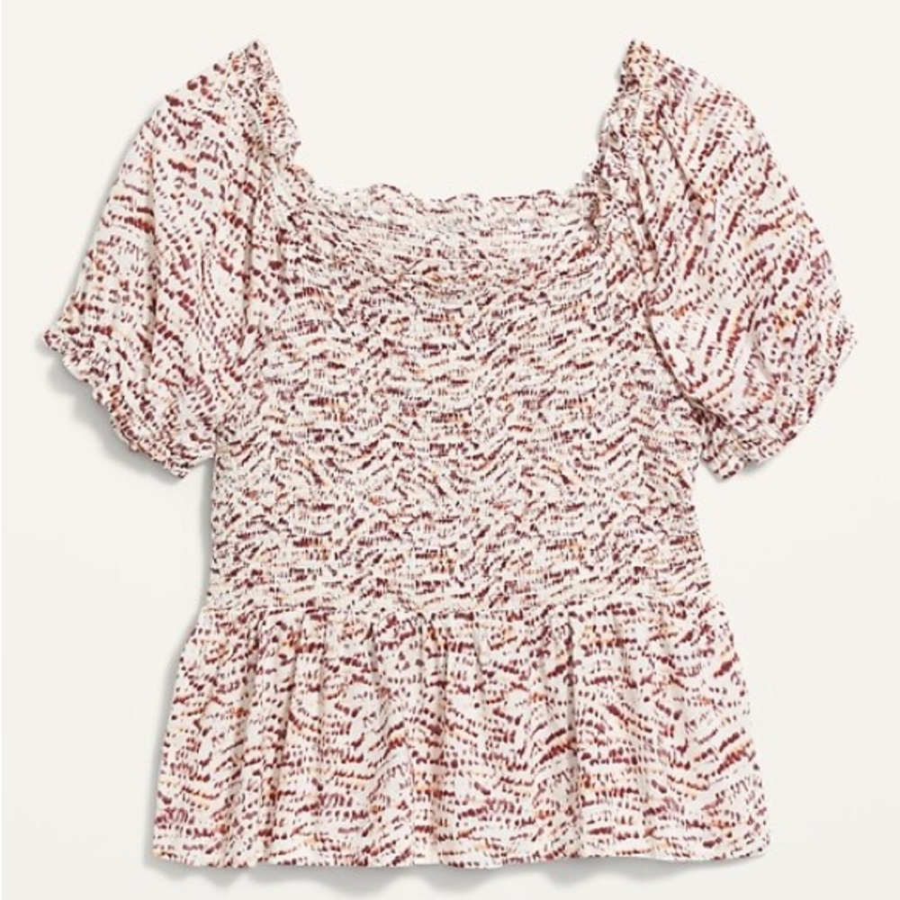 Old Navy Pink and White Smocked Puff Sleeve Blouse